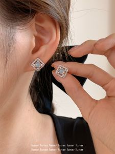 Lunar Hollow out Square Blue Cats Eye Stone Earrings 925 Silver Needle Luxury New Chinese Style High End Feeling Hoops