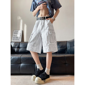 Washed Denim Shorts Mens Summer Loose Fit Multi-Pocket Workwear American High Street Style Five-Quarter Pants Casual Jeans