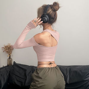 เซ็กซี่ ฟิตเนส เด็กผู้หญิง กลับกลวงออกเสื้อผ้าโยคะแขนยาววิ่ง รัดรูป การฝึกอบรม เสื้อท่อนบน พร้อมแผ่นรองหน้าอก ระบายอากาศได้ดี ชุดกีฬา