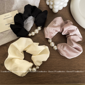 ยางรัดผมผ้าซาตินมุกสีดำระดับไฮเอนด์สำหรับผู้หญิง ยางรัดผมทรงกลม ยางรัดผมแฟชั่นฤดูใบไม้ผลิ 2024 ใหม่