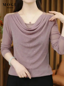 Elegant Mesh Splice Base Shirt for Ladies Autumn Fashion Young Looking Compact Design T-Shirt Top for Mom Middle-Aged Women