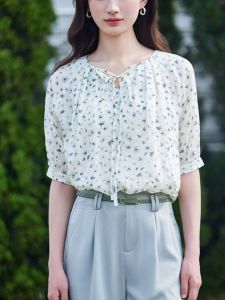 WANGGONGZHU | Floral Print Short Sleeve Cotton Linen Womens Shirt Thin Summer New Country Style Design Sensation Small Audience Top