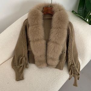 Áo Khoác Cardigan Len Nữ Mùa Đông Có Viền Lông Thú Tự Nhiên Kiểu Dáng Giản Dị Lông Cáo Ngắn Ấm Áp Cổ Chữ V Tay Dài