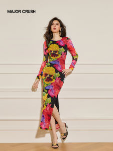 Spring Summer Floral Print Fitted Slit Design Dress