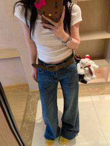 Luzai Elegant Straight Leg Jeans Womens Slim Fit Loose Flared Pants Deep Blue High Waist Long Trousers Spring Season