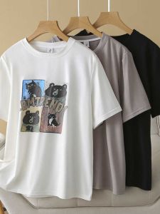 Áo Thun Cotton Dáng Rộng Cổ Tròn in Họa Tiết Hoạt Hình Phong Cách Mỹ Cổ Điển Che Bụng Giảm Béo Cho Nữ Cỡ Lớn