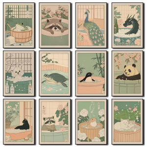 Japanese Bathroom Art Poster Cute Animals in Bathtub Canvas Printed Decorative Painting Used for Bathroom Decoration Frameless