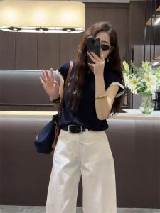 เสื้อยืดคอโปโลถักแฟชั่นสำหรับผู้หญิง เสื้อผ้าทำงานลำลอง ชุดสองชิ้น ทรงตรง กระชับสัดส่วน กางเกงขายาว ฤดูร้อน 2024