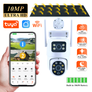Tuya Solar WiFi Camera PIR Auto Tracking Outdoor 10MP Dual Len Dual Screen PTZ Camera Wireless Low Power Battery Security Cam