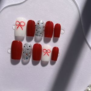 Handmade Cherry Red Butterfly Knot Aurora Cat Eye Glitter White Short New Year Wearable Nail Tips Beauty Tools Chinese Brand