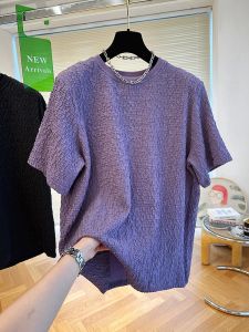 plus Size Womens Violet Colored Bubble Fabric Short Sleeve T-Shirt Textured Folded Spring Summer New Style round Neck Top