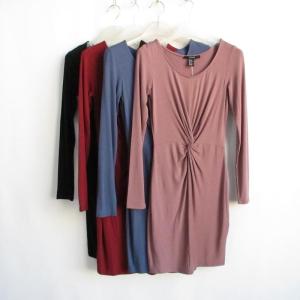 Business Commute round Neck Pleated Slim Spring Autumn Short Skirt Long Sleeve Dress High Waist Pencil Dress Solid Color