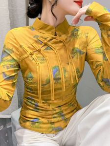 Long Sleeve Retro Mesh Base Shirt Womens Autumn New Style Stand Collar Button up Trendy Top Floral Print Slim Fit T-Shirt