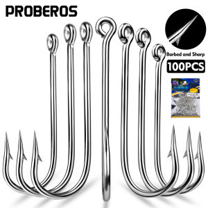 PROBEROS 100pcs ring eye fishing hook with barbed high carbon steel long handle fishing hook boat sea fishing gear