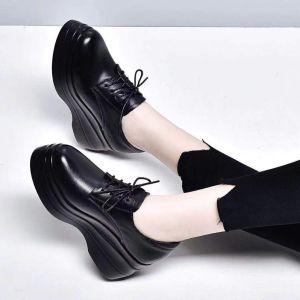 SHIPAILUO | Womens Thick Heel Platform Shoes Spring New Style Black Deep Mouth High Heels Slope Heel Heightening Single Shoes Leather