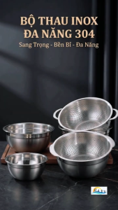 Bộ Rổ Chậu Thau Inox 304 Cao Cấp Dày Dặn Đa Năng Rửa Rau Vo Gạo Trộn Bột 25cm 27cm SSGP