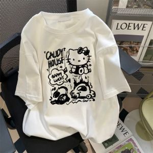 Sanrio | Fashion Hello Kitty Printed Design Womens T-shirt Loose Edition Womens Casual Summer Top Y2k Short Sleeve Trendy Harajuku Top