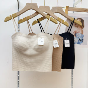 Gufy 2025 New Ice Silk Strap Vest Womens Seamless Gathered Fixed Cup Anti-exposure Backless Top Commute Style Short Length