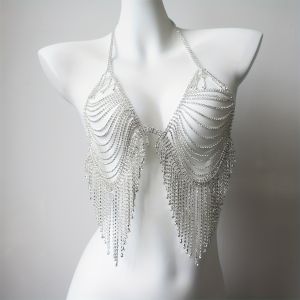 Dây Chuyền Ngực Nữ Quyến Rũ Bằng Lưới Tua Rua Trang Sức Bikini Pha Lê Sang Trọng Phụ Kiện Lễ Hội