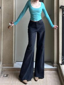 Retro High เอว ขากว้าง เดนิม กางเกง ผู้หญิง หลวม Fit Torn Hem พรางหุ่น กางเกงยีนส์ยาวพื้นสีดําสีเทา ฤดูใบไม้ผลิ ฤดูใบไม้ร่วง ดีไซน์