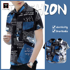 TAILOR Mens Hawaiian Short-sleeved Shirt Summer Graffiti Newspaper Printed Shirts Retro Style Loose Half-sleeved Shirt