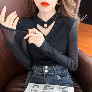 YIMEI เสื้อเสื้อผู้หญิงคอวีแขนยาวผู้หญิงใหม่ 2023 สีฟ้าหรู ผู้หญิงใหม่ ฤดูใบไม้ผลิและฤดูใบไม้ร่วงเสื้อตา สวยงาม คุณประสิทธิภาพ