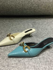 Metallic Leather Slippers for Women Summer New Style Outdoor Wear Half Slip on Shoes European Goods Thin Heel Open Toe Sandals