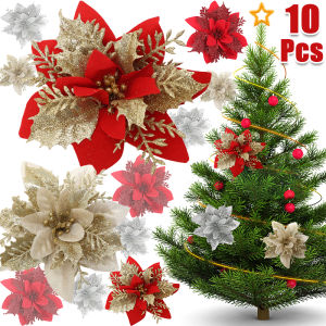 10pcs Glitter Artifical Christmas Flowers / Multicolor Xmas Tree Ornaments Fake Flower / Artificial Poinsettia Flowers Christmas Flowers Decorations