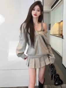 ชุดแฟชั่นสไตล์เกาหลี ชุดสามชิ้น ฤดูใบไม้ร่วง 2024 คอวี แขนยาว กระโปรงจีบ ชุดสูทผู้หญิง ชุดทำงาน ชุดทำงาน