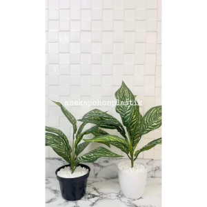 Tanaman Hias Pohon Artificial Daun Keladi Hijau X9 Pot Dasar Hitam & Pot Melamine Putih Hiasan Ruangan Aesthetic