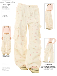 American Washed Floral White Workwear Jeans Women Summer Loose Slimming Design Long Pants High Waist Zipper Closure Denim