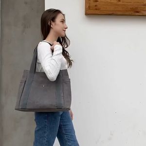 Japan Canvas Multi Pocket Tote Casual Shoulder Bag Gentle Womens Handbags tote bag with zipper