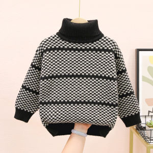 Multicolor Check Turtleneck Childrens Boy Sweater Breathable Loose Fit Kid Autumn Winter Kid Boys Thick Warm Knit Cashmere Wear