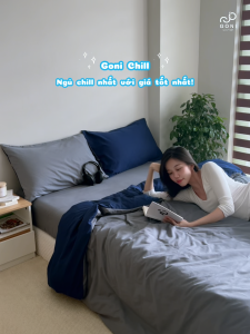 Bộ chăn mền ga gối GONI CHILL màu Xanh Navy Xám - Ga drap giường bo chun cao 4-25cm kích thước 1m 1m2 1m4 1m6 1m8 2m2