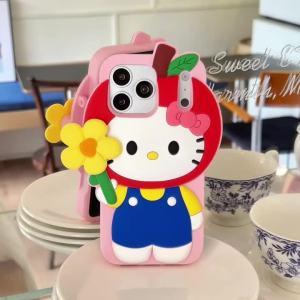 Sanrio | Cute 3D Rotating Flower Hello Kitty Phone Case For iPhone 18 17 16 15 14 13 12 Pro Max Plus Shockproof Silicone 17 18 Pro Cover