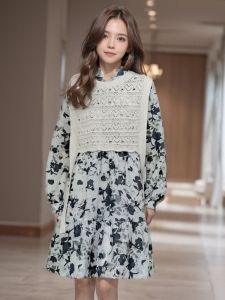 New Chinese Style Womens Dress Knitted Hollow out Two-Piece Set Trendy Top Shoulder Pad Spring Summer A-Line Midi Dress