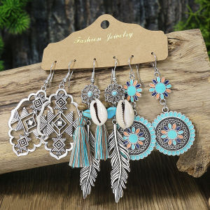 ต่างหูรูปใบไม้แบบย้อนยุคทำด้วยมือ ต่างหูรูปดอกไม้แบบกลวง ต่างหูโซ่แบบโบฮีเมียน ชุดเครื่องประดับหูแบบผสมโลหะ