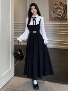 Bow Tie Faux Two-Piece Slimming A-Line Long Dress