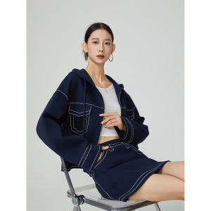 Dark Blue Early Autumn Hooded Sweatshirt Denim-Like Design Set