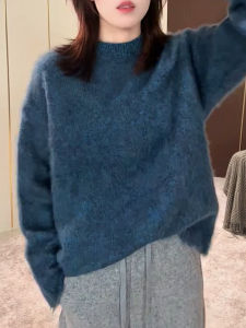 QINGNAER | New Autumn Winter 2025 Simple Lounge Style Soft and Skin-Friendly Blue Knit Sweater Large Size