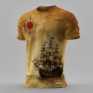 Summer Men Classic Vintage Sailing Pattern 3d Printed Round Neck Short Sleeve Loose Breathable T-Shirt Plus-Size Casual Top