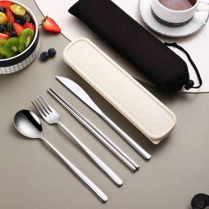 Tableware Set 304 Stainless Steel Portable Cutlery Dinner Knife Fork Spoon Chopsticks Four-piece Suit with Box Travel Flatware