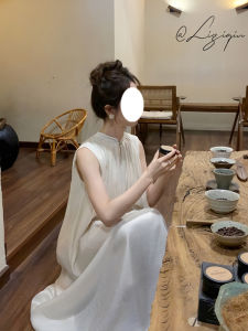 Summer New Chinese Style Sleeveless Loose Dress Slimming Long Gown French Gentle Style Womens Skirt High Waist A-Line Dress