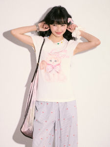 Summer Short Sleeve T-Shirt Womens Knitted Cream Kitten Butterfly Knot Regular Shoulder Top Polyester Fiber Elastic Fiber