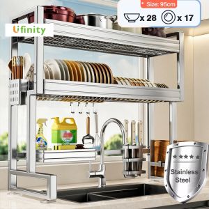 Lifinity Stainless Steel Over-Sink Dish Rack Cabinet 1/2 Tiers 65-95cm Adjutable Plate Drying Rack Dish Rack