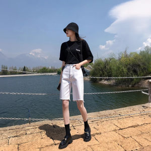 White High Waist Slimming Straight Leg Jeans Shorts Womens Five-Quarter Length Thin Summer Riding Cotton Stretch Denim