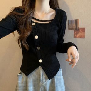 Plus Size Fall and Winter Square Collar Asymmetrical Split Long Sleeve Knitwear Female Fat Sister Silm Slimming and Short Inner Wear Blouse