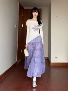 CHANGTONG | Unique Purple One-Shoulder Top And Half-Skirt Two-Piece Set Elegant Summer Outfit Cotton Long Sleeve Hooded Dress For Women