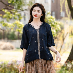 Loose V-Neck Cotton Linen Shirt Womens Casual Style Summer New Loose Fit Overhead Top Retro T-Shirt for Mom Elderly Women