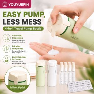 2Pcs 4‑in‑1 Travel Pump Bottle Leak‑Proof Refillable Portable Silicone Squeeze Container Shampoo Body Wash Lotion Liquid Storage Bottle for Vacation Trip